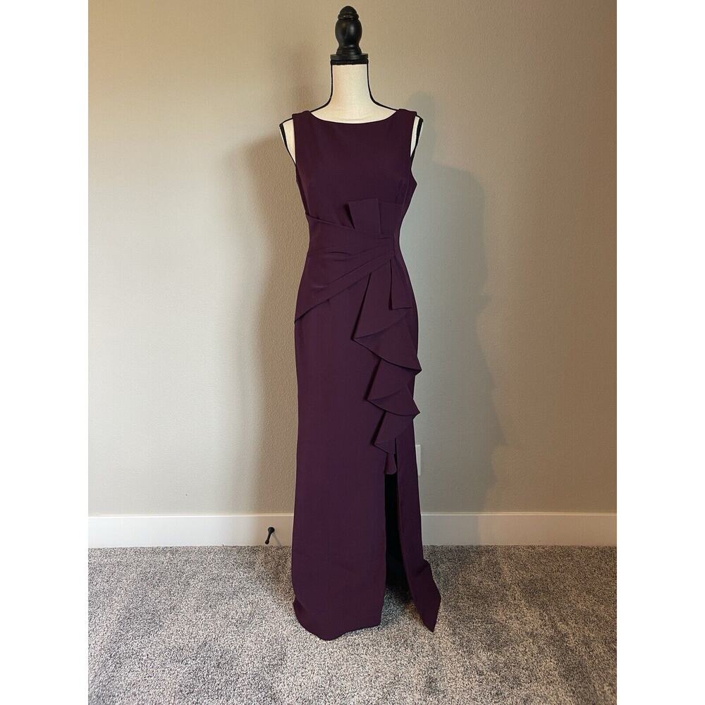 Eliza J Sleeveless Cascading Ruffle Front Evening Gown Dress Plum Size 4